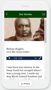 Screenshot of a mobile application screen from "In Their Own Words" - Nathan Hughes, Civil War Union soldier