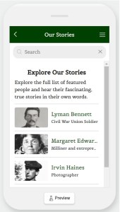 Screenshot of a mobile application screen "In Their Own Words" - Explore Our Stories