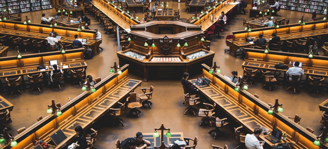 Reading and research area located inside a large library